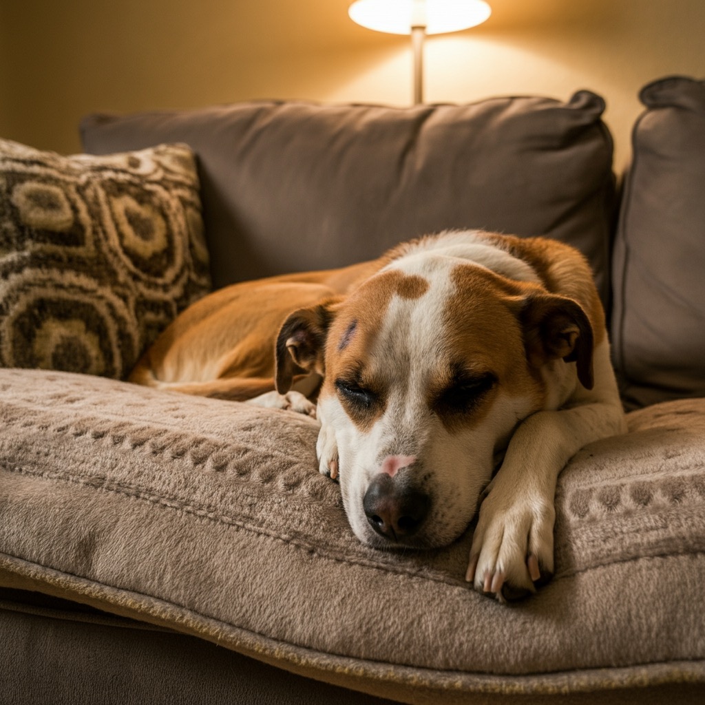 a shelter dog asleep on a sofa